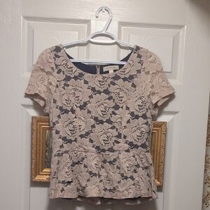 Ann Taylor Floral Lace Peplum Blouse - Cream